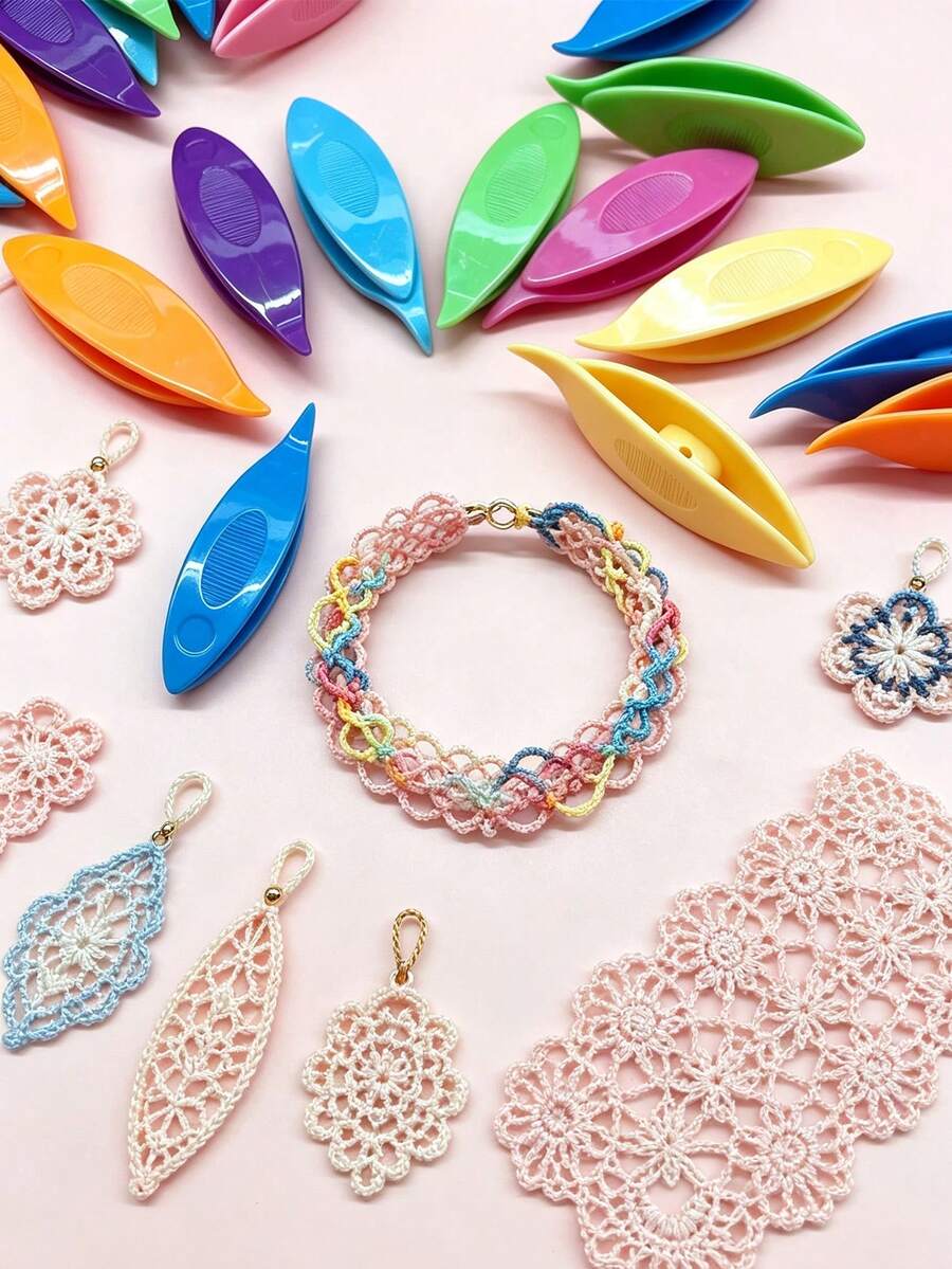 9pcs Bright Color Shuttle Bobbin Set, Portable Lightweight Lace Making Tool, Practical Handmade Accessory For Lace Creators, Suitable For Making Bracelets, Pendants, Lace Trim And Fiber Art DIY Crafts - Small Phoenix Eye Shuttle - View 1