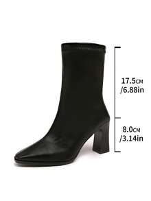 Black Elegant Pointed Square Toe PU Elastic Ankle Boots For Women, Back Zipper Chunky High Heel Slimming French Fashion Boots - Black - View 6