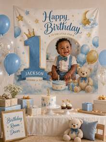 Personalized 1st Birthday Photo Tapestry, Customized Name Date And Number Wall Hanging, Smooth Polyester Fabric Party Backdrop, Blue Star Moon Bear Theme, Customized Birthday Room Decor, Suitable For Boys Girls Family Celebration Photo Gift - Multicolor - View 4