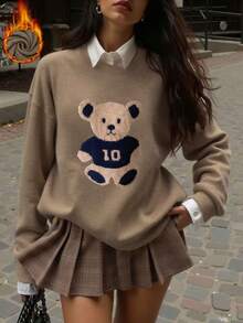 Women's New Round Neck Long Sleeve Sweater, Cute Bear Print, Fashion Casual Knit Style, Suitable For Daily Commute - Earth Gray - View 1
