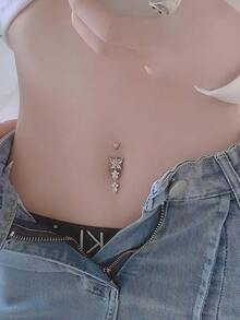 1pc Personalized Fashion Butterfly Flower Water Drop Belly Button Ring, Suitable For Women's Daily And Party Wear - Silver - View 1