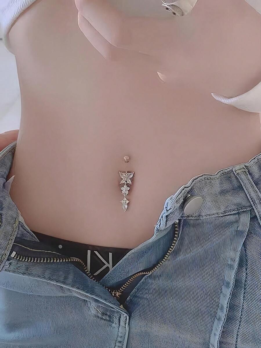 1pc Personalized Fashion Butterfly Flower Water Drop Belly Button Ring, Suitable For Women's Daily And Party Wear - Silver - View 1