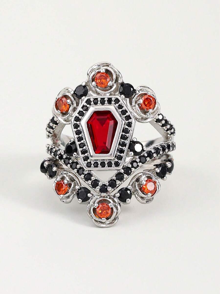 2pcs Gothic Fashion Red Cubic Zirconia Rose Shaped Rings, Gothic Style Combined With Dark Elements Ring Set, Unisex Suitable For Halloween, Easter And Matching With Gothic Style Clothing - Silver - View 1