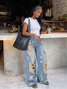 Low Waist Wide Leg Casual Blue Distressed Slant Pocket Curved Hem Women Jeans Spring Fall - Baby Blue - View 7