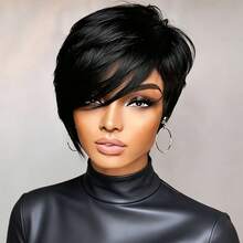 Wig Potongan Pixie Pendek, Rambut Manusia Perawan Brasil, Wig Potongan Pixie Berlapis Belahan Samping Panjang untuk Wanita, 6 Inci, Kepadatan 150%, Buatan Mesin Sepenuhnya, Tanpa Renda, Cocok untuk Pemakaian Sehari-hari, Pesta dan Cosplay, Warna 1B# - S1 - View 3