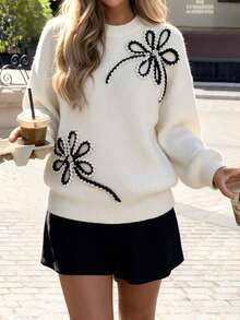 Women's Chic White Pullover Knitwear Sweater Tops With Black & White Floral Jacquard Detail, Long Sleeve Regular Fit, Autumn Outfits Women - Beige - View 1