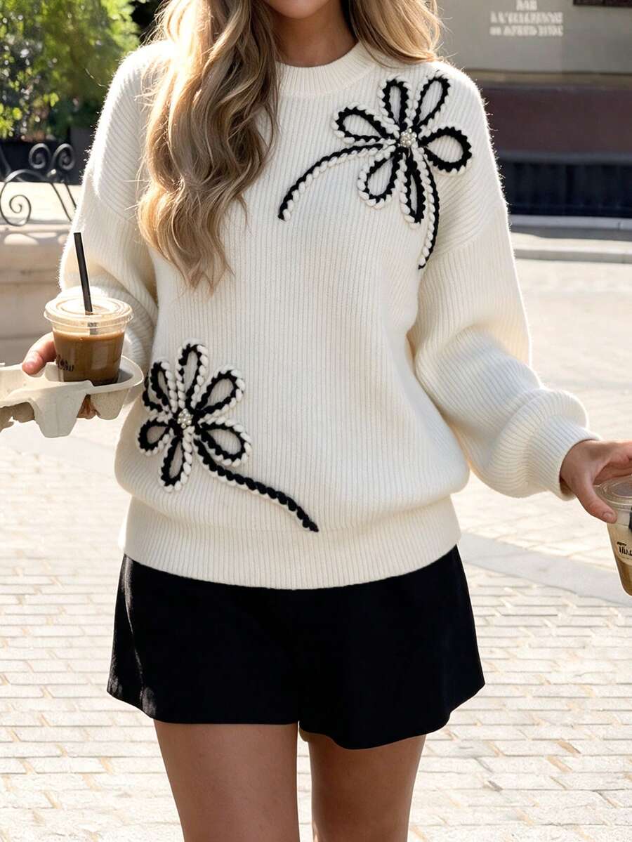 Women's Chic White Pullover Knitwear Sweater Tops With Black & White Floral Jacquard Detail, Long Sleeve Regular Fit, Autumn Outfits Women - Beige - View 1
