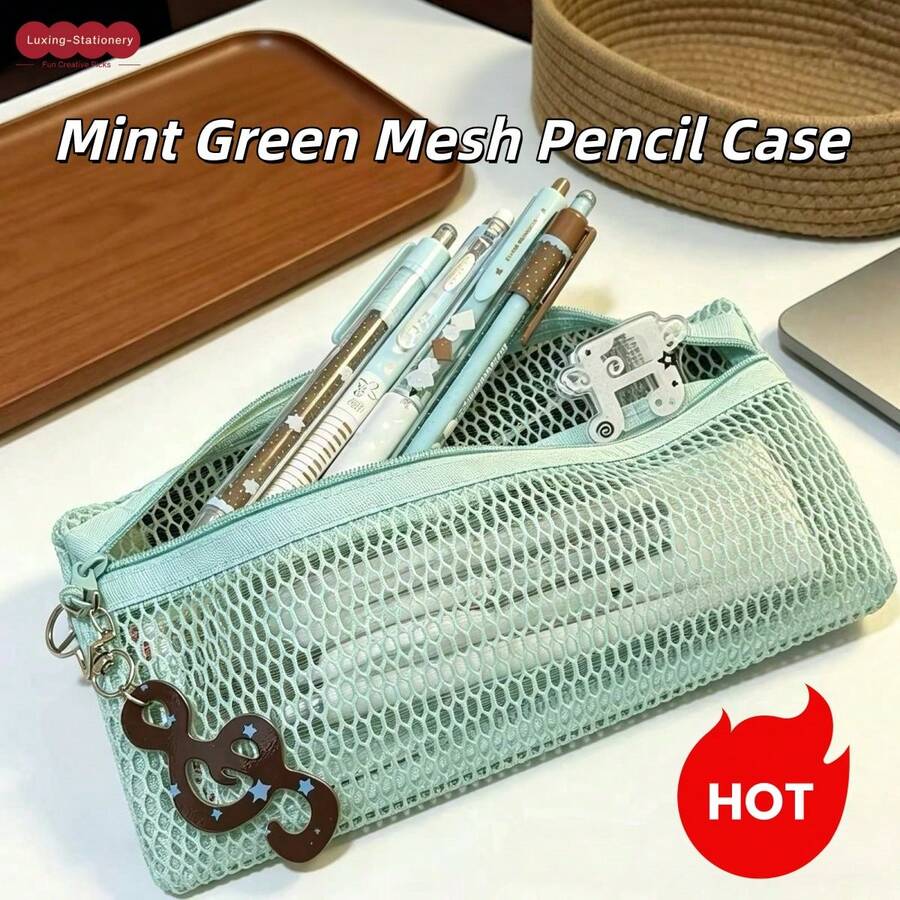 1pc Mint Green Mesh Transparent Pencil Case, Portable Large Capacity Stationery Organizer With Multi-Layer Dividers, Makeup Bag, Back To School Essential For Middle And High School Students, Exam Preparation, Desk Organization, Desktop Storage, Travel-Friendly - A - View 1