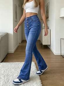 Blue Washed Multi-Button Mid-High Waist Flared Jeans For Women, Stretch Slim Fit Vintage Distressed Leg-Lengthening Bell Bottom Denim Pants - Dark Wash - View 3