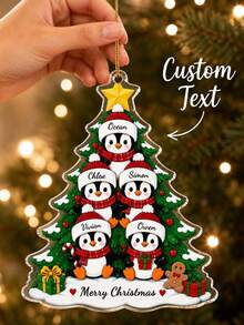 1pc Personalized Penguin Family Decor, Customized Name Christmas Gift, 5-Person Family Keepsake, Winter Holiday Tree Ornament, Christmas Tree Decoration, Christmas Gift - Green - View 2