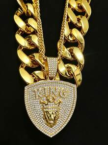 2pcs Shield KING Hip Hop Punk Necklace Exaggerated Men's Gold Chain Set, Vintage Punk Style, Suitable For Party, Gathering, Halloween, COS - Gold - View 5