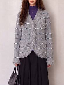 Women's Autumn/Winter Casual Elegant Slouchy Fringed Design Knit Cardigan Sweater Jacket - Light Grey - View 4