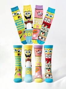 SpongeBob SquarePants 4 Pairs Women's Socks, Multicolor Square Pattern & Boat Socks, All-Over Cartoon Print, Elastic Cuff, Polyester Fabric, Breathable Soft Comfortable, Fun Street Style, Women's Socks, Women's Stockings, Suitable For Spring Daily Casual And Home Use - Multicolor - View 12
