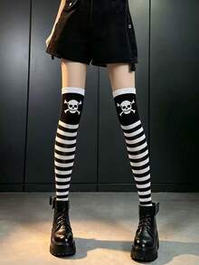 Kaos Kaki Setinggi Paha Motif Kelelawar Halloween, Kaos Kaki Selutut Motif Tengkorak Gaya Gotik Aksesoris Cosplay Halloween - Hitam - View 1