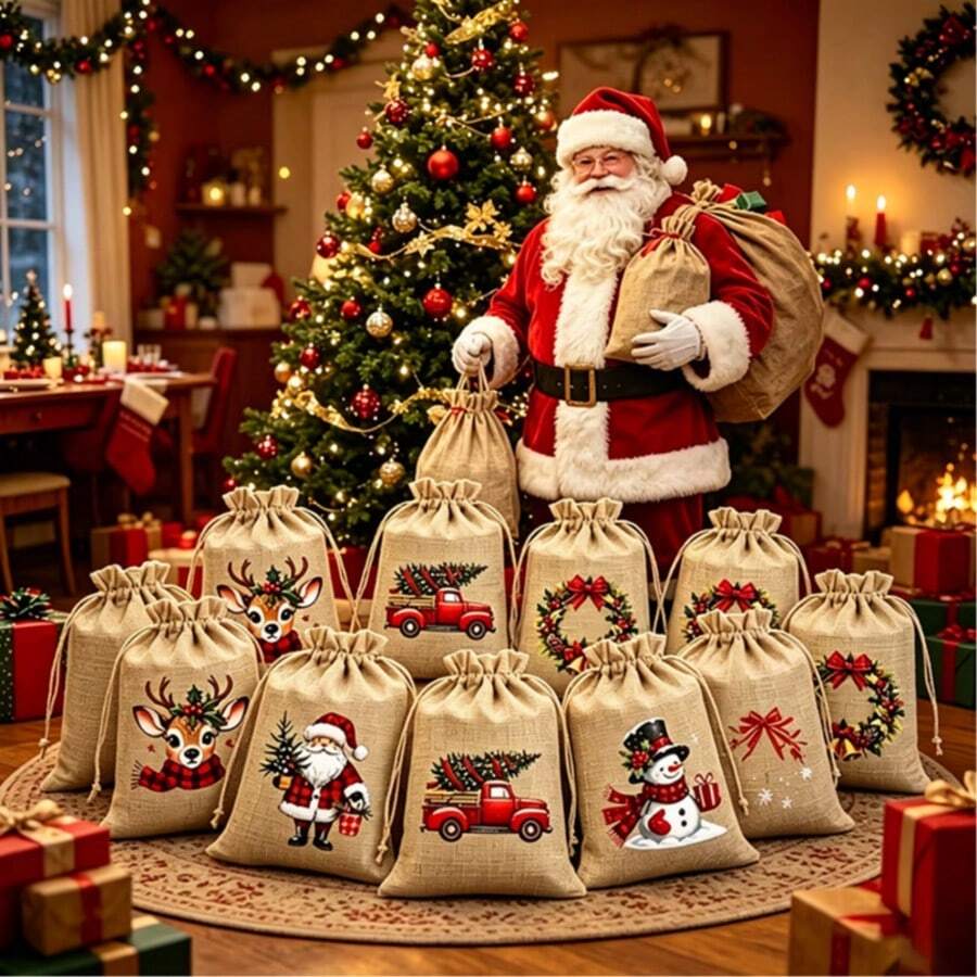 Christmas Decor, Gnome Linen Drawstring Gift Bags, Xmas Candy Treat Goody Pouches, Tree Ornaments, Holiday Party Favor Storage Sacks - Multi-color - View 1