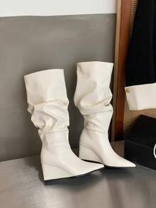 Pointed Toe Ruched Stacked High Knee Boots, Plus Size Women's Glossy Stiletto Heel Atmospheric Long Boots - White - View 6