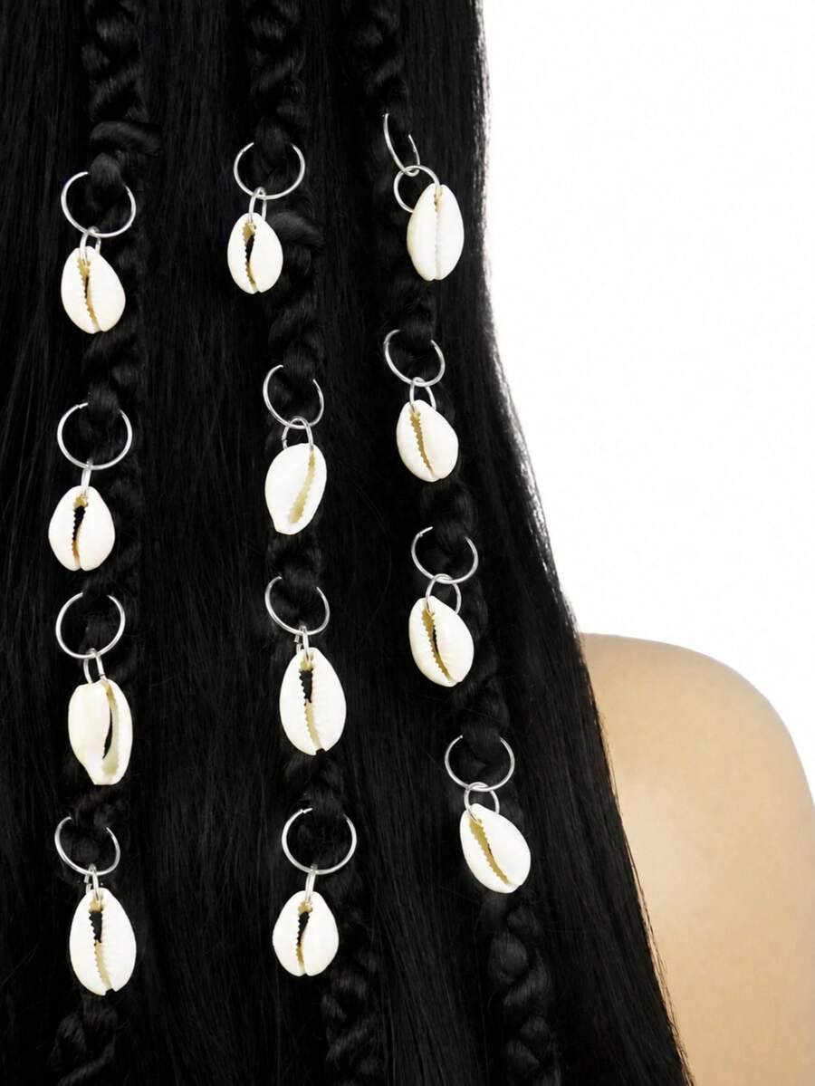 Bohemian Shell Hair Braid Ring Set, Gold Dreadlock Hair Ring Clips For Women Girls, Decorative Braided Hair Accessories For Beach Festival - Multicolor - View 1