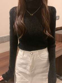 Solid Color Turtleneck Top, Elastic Slim Fit Basic Long Sleeve Inner Layer Base Sweater - Black - View 1