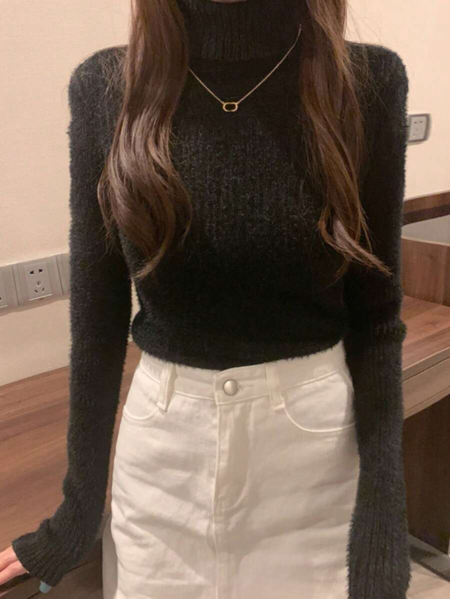 Solid Color Turtleneck Top, Elastic Slim Fit Basic Long Sleeve Inner Layer Base Sweater - Black - View 1