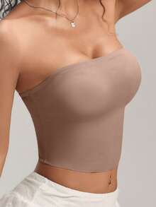 1pc Women's Solid Color Casual Bra, Wire-Free Removable Padding Strapless Anti-Slip Bandeau, Comfortable Seamless Design Suitable For Multiple Occasions And All Seasons - Brown - View 6