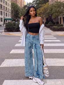 Low Waist Loose Casual Blue Side Pocket Curved Women Denim Shorts Spring - Blue Ambition - View 7