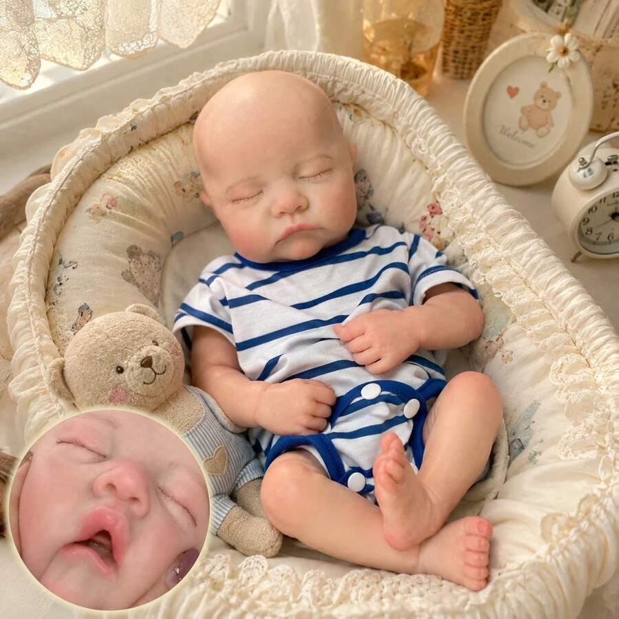 16 Inch Realistic Newborn Baby Doll, Boy, Pure Solid Soft Silicone, Open Mouth Design, Washable And Bathable, Precise Anatomical Structure, Children's Companion Doll, Perfect Birthday Gift