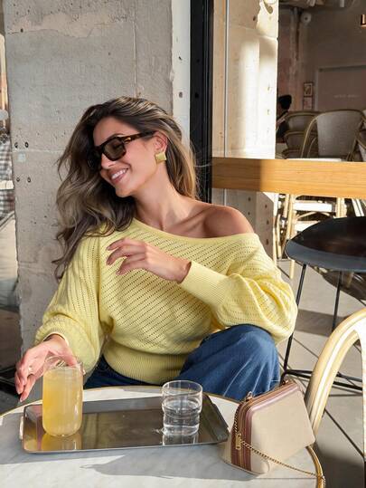 Sookaug Hollow Knit Sweater Women Thin Asymmetrical Shoulder Top Pale Yellow Waist-Cinching Lantern Sleeve Knit Sweater, Women's Knit Sweater, Long Sleeve Ribbed Knit Pullover, Regular Length Casual Autumn Style