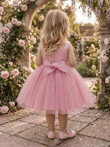 Baby Girls Sleeveless Pink 3D Floral Mesh Cute Flower Girl 1st Birthday Party Puffy Princess Dress, Headband Not Included - Dusty Pink - View 5