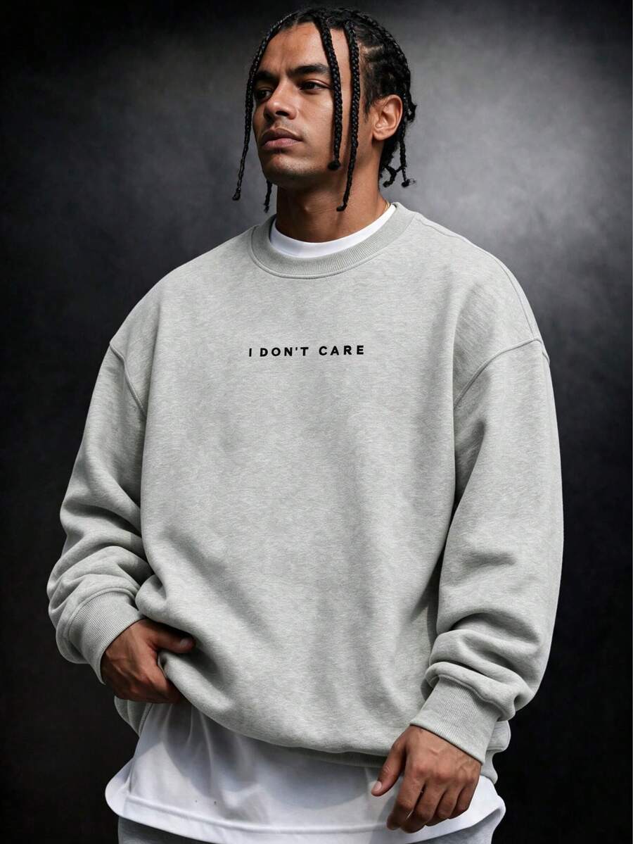 SU ER Men's Casual Crew Neck Sweatshirt, Autumn/Winter, Street Style Essential - Light Grey - View 1