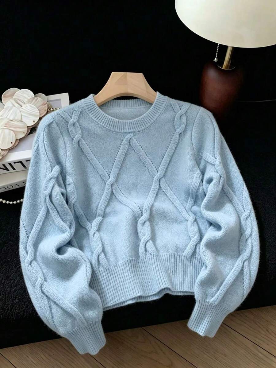 Atasan Rajut Lengan Panjang Leher Bulat Berongga Bentuk Berlian, Minimalis, Serbaguna, Gaya Lembut, Warna Polos, untuk Musim Panas - Biru langit - View 1