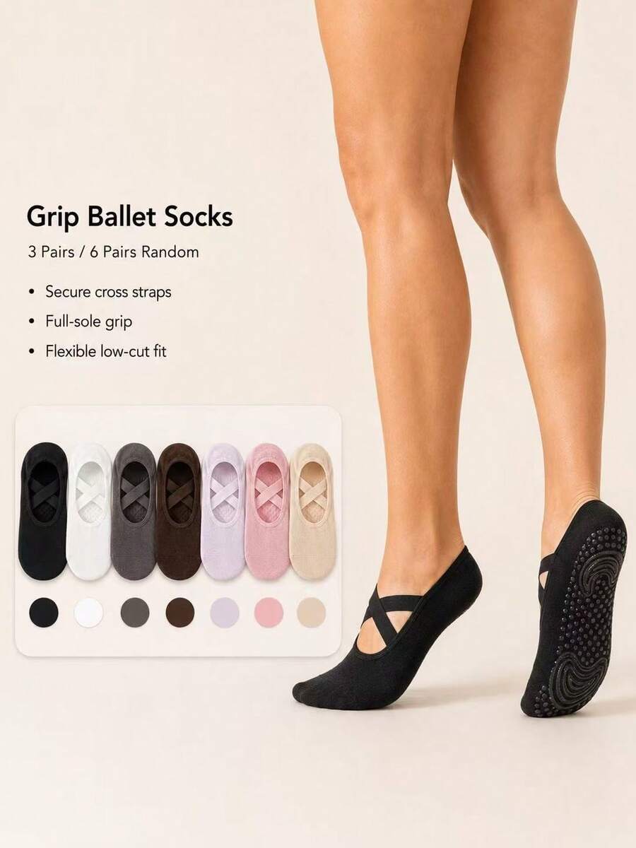 3/6 Pairs Women's Non-Slip Pilates Yoga Grip Socks With Ballet Cross Strap - Multicolor - View 1