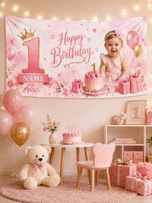 Custom 1st Birthday Photo Tapestry, Personalized Name & Age Pink Floral Party Backdrop, 90g Smooth Polyester Wall Hanging, Baby Girl Birthday Decoration, Nursery Decor, Photo Background, Multiple Sizes Suitable For Party & Home - Multicolor - View 4
