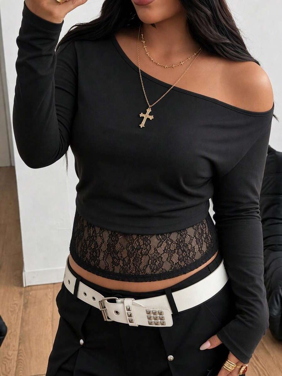 Plus Size Women's Black Cropped Top With Crewneck And Lace Detail, Long ...