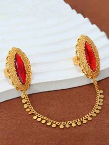 1pc 24k Gold Plated Red&Emerald Marquise Cubic Zirconia Double Finger Linked Ring With Tassel Coin Chain,Luxury Women's Jewelry For Party,Holiday Gift - Light Luxury - View 2