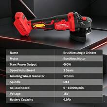SuperPan 18V Brushless Lithium Battery Angle Grinder 660W Power 3-Speed Adjustable 125mm Grinding Disc M14 Spindle Metal Stone/Cutting/Carry Removal/Polishing/Home Decor/Construction Site Multi-Function Rechargeable Grinder (Hanya Alat - Baterai Tidak Termasuk) - Merah - View 4