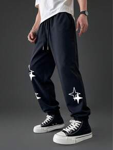 Camvyn Men's Casual Star Print Loose Fit Long Pants, Sporty Style For Summer - Black - View 1