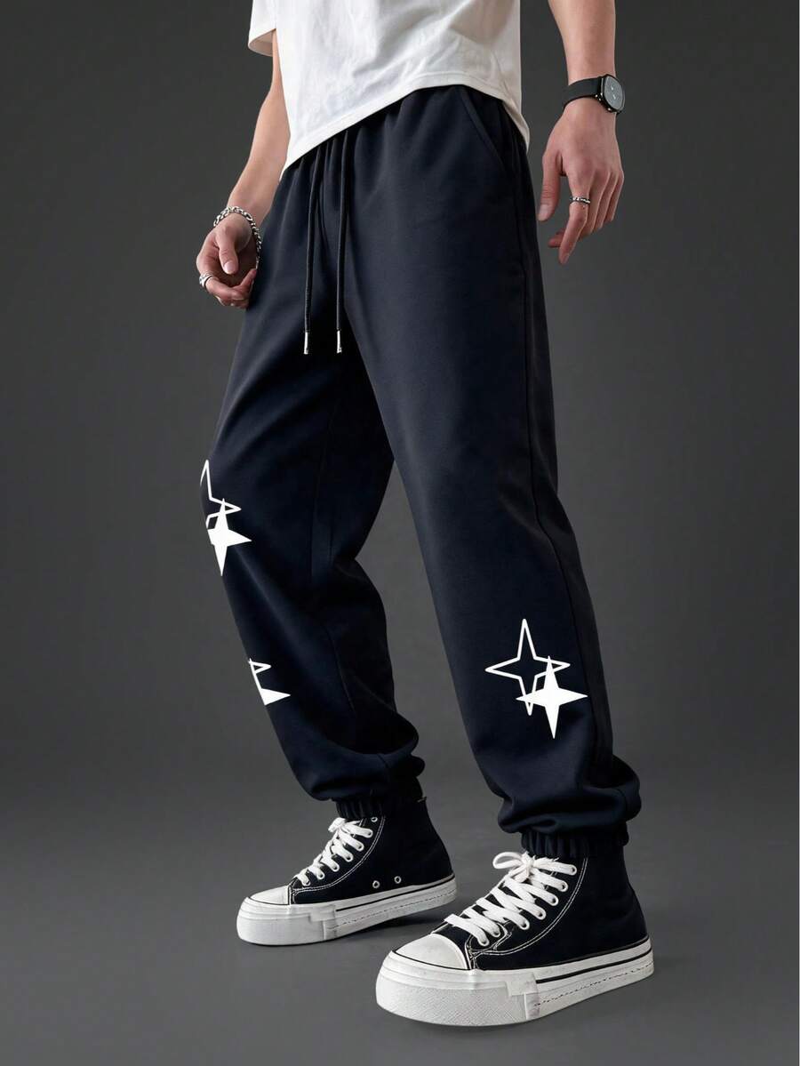 Camvyn Men's Casual Star Print Loose Fit Long Pants, Sporty Style For Summer - Black - View 1