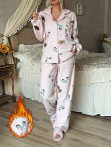 2pcs/Set Women's Winter Striped Pony Plush Bear Thick Thermal Lined Lapel Long Sleeve Top And Pants Pajama Set - Pink - View 3