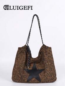 Modern-Style Brown Leopard-Print Drawstring Shoulder Bag With Knotted Straps And Clasp Charm Boho-Style Bag Featuring Star Applique And Ample Storage - Brown - View 1