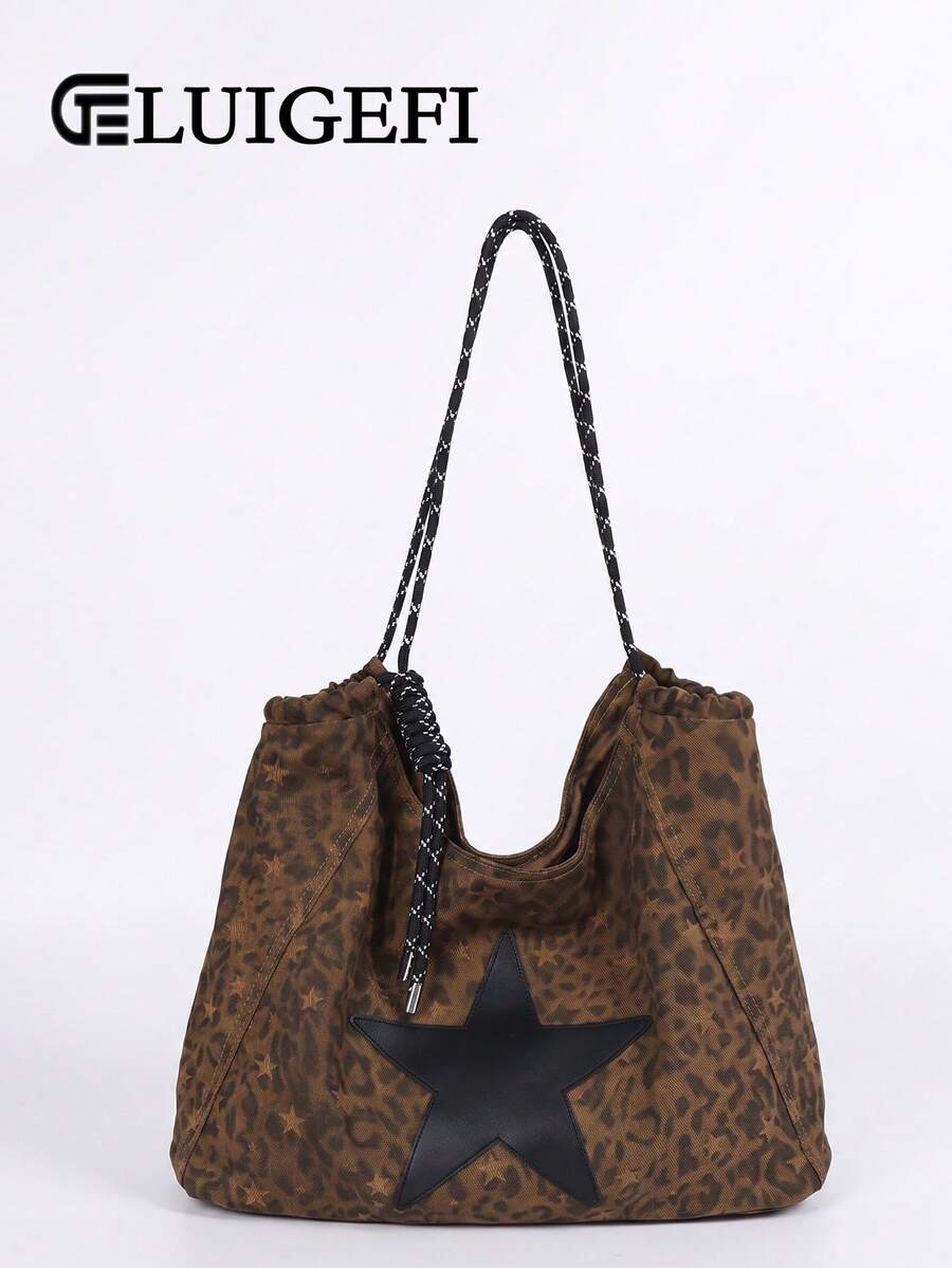 Modern-Style Brown Leopard-Print Drawstring Shoulder Bag With Knotted Straps And Clasp Charm Boho-Style Bag Featuring Star Applique And Ample Storage - Brown - View 1