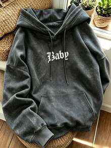 Women's Washed Vintage Baby Gothic Letter Print Drawstring Sweatshirt, Loose Drop Shoulder Kangaroo Pocket Pullover Sweatshirt - Black - View 1