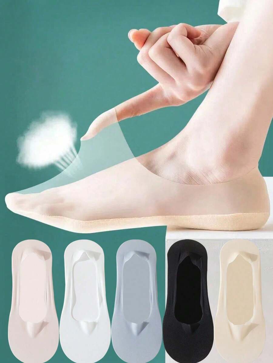 1/3/5 Pasang Kaos Kaki Ultra Tipis Tak Terlihat untuk Musim Panas, Kaos Kaki Dalam Wanita Warna Solid Tanpa Jahitan Jala Anti Selip Silikon, Hadiah Halloween - MultiWarna - View 1