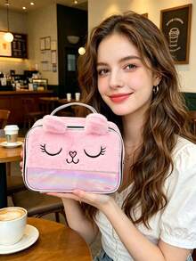 1pc Plush Cute Girl Style Makeup Bag, 3D Cat Ear Design With Cat Pattern, Suitable For Spring Summer Autumn Winter All Seasons, Ideal For Business Travel, Home Use, Student Dorm, Graduation Gift, Vacation Season, Cosmetic Storage, Birthday Gift And Various Holiday Gifts - Multicolor - View 2