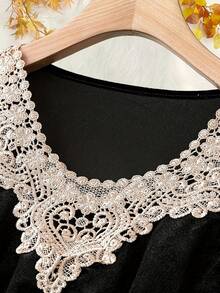 Women's Plus Size Casual V-Neck Blouse, Solid Color Lace Trim Detail Top Black - Black - View 2