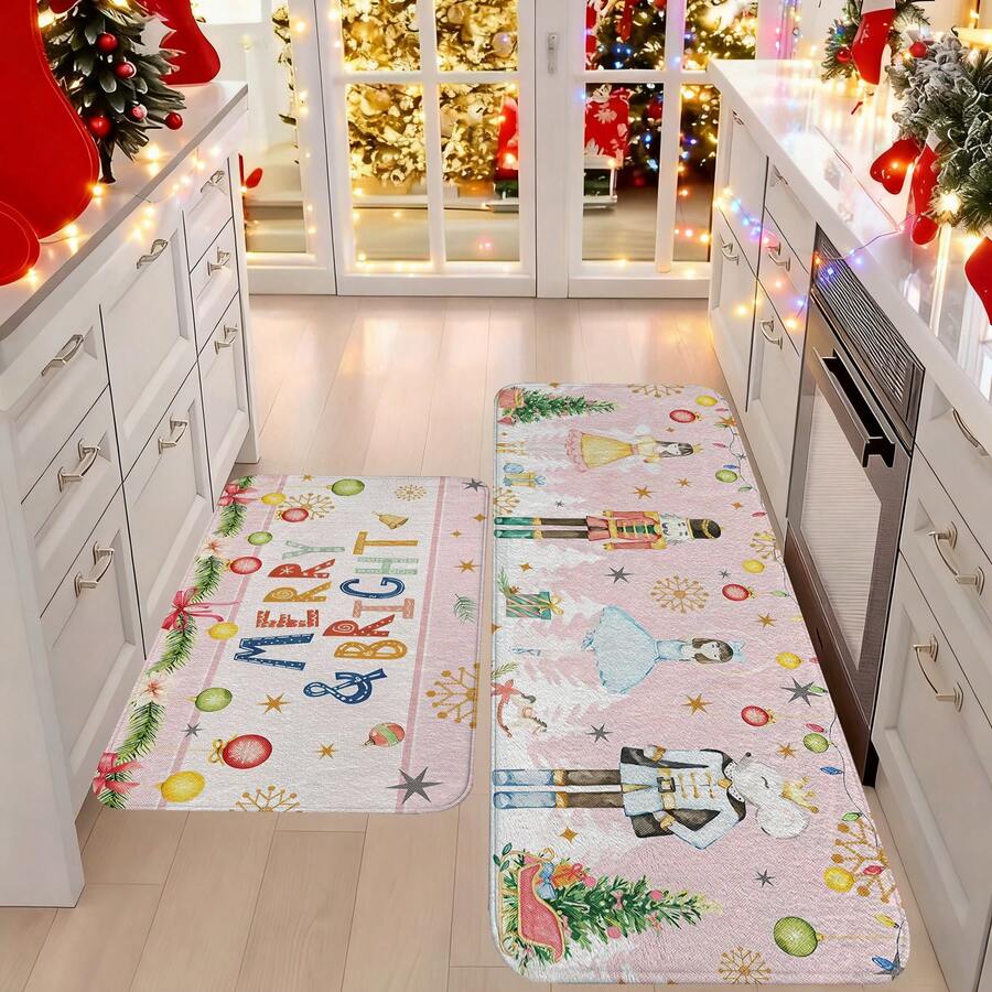 1/2/3pcs Christmas Theme Kitchen Rugs, Flannel Kitchen Rugs Comfortable Soft Absorbent Non-Slip Machine Washable With Non-Slip Backing Multi-Functional Home Floor Mat Suitable For Doorway Living Room Bedroom Kitchen Dining Room Bathroom Laundry Room Entryway Patio Holiday Christmas Decoration Mat - Multicolor - View 1