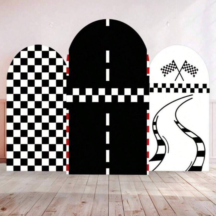 1pc/65pcs 2D Flat Chiara Arch Racing Backdrop - Durable Lycra Spandex Fabric, Black & White Checkered - Suitable For Event And Party Decoration (Stand Not Included)