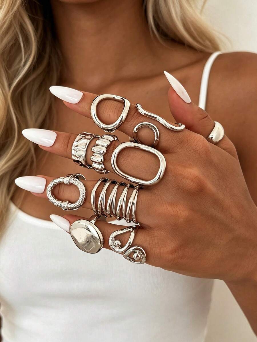10/1pc Fashion Minimalist Casual Style Asymmetrical Geometric Line Silver Ring Set, Suitable For Women's Daily, Party, Vacation Wear, Holiday Gift - Silver - View 1