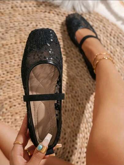Women's Black Sequin Lace Mesh Mary Jane Flats, Square Toe Ballet Shoes With Elastic Strap, Elegant Dress Flats For Party And Daily Wear