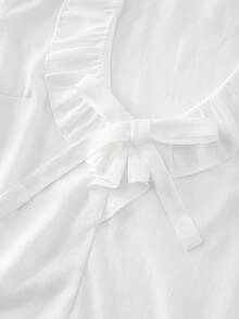 Blus Elegan Gaya Prancis Warna Polos dengan Desain Ruffle/Flounce, Serbaguna, Pakaian Kantor Kasual, Atasan Wanita Musim Semi/Gugur - Putih - View 5