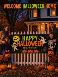 Personalized Text Halloween Fence Banner, Custom Family Name Yard Sign, Haunted House Witch Bats And Jack O Lantern Theme, Spooky Porch Decoration, Trick Or Treat Party Backdrop, Fall Holiday Outdoor Display For Families And Homeowners. - Multicolor - View 8